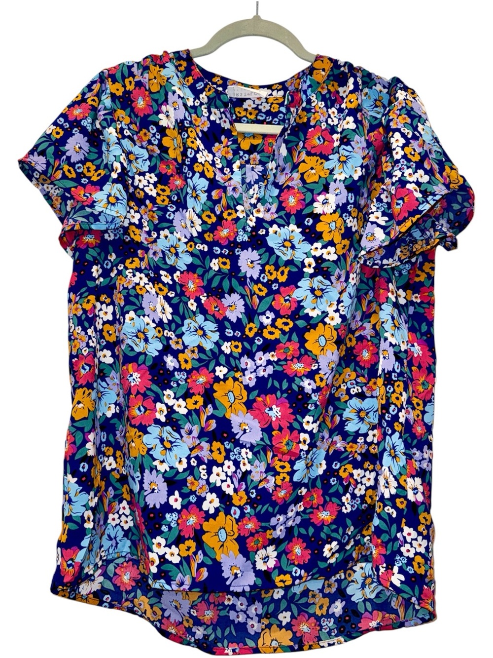 navy, magenta, golden, lilac, periwinkle floral VNECK straight-flowy-fit blouse!